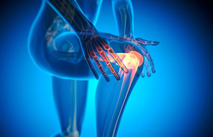 A blue themed 3D image of a human body structure holding the uplifted right knee, with knee joint and few bones highlighted in a reddish shade.