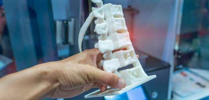 Close up mage of a persons hand holding a white 3D model of a portion of human spine inside a blurred printer room.