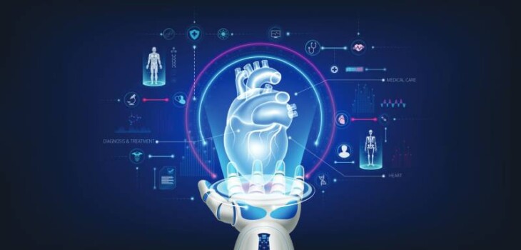 Image of a robotic hand holding a hologram of a human heart and icons related to futuristic medical cybernetics and robotics technology shown around it on a deep blue background.