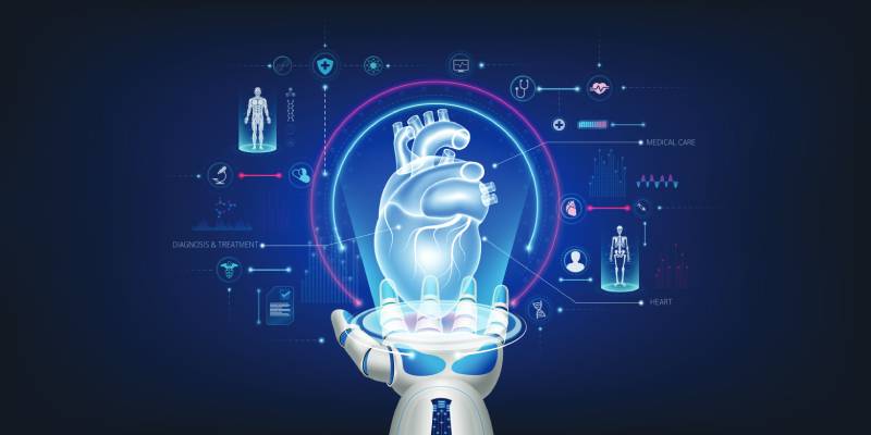 Image of a robotic hand holding a hologram of a human heart and icons related to futuristic medical cybernetics and robotics technology shown around it on a deep blue background.